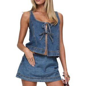 Women's Denim 2 Piece Set Lightweight Sleeveless Crop Top Shorts Casual